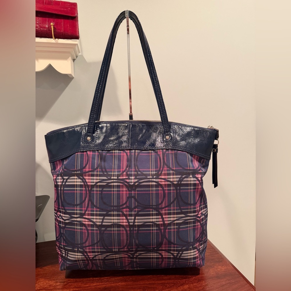 Coach Tartan Navy and Pink Plaid Signature Tote - Picture 5 of 12